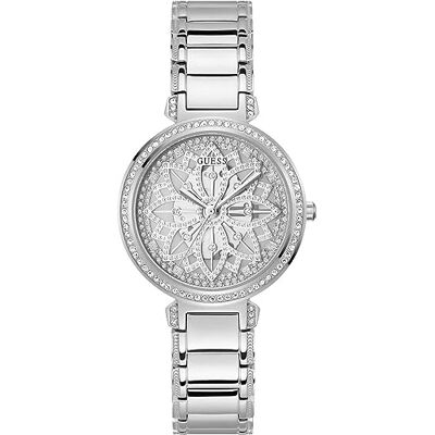 GUESS Silverton blommig genomskuren analog klocka, Silver ton, Modern GUESS Silverton blommig genomskuren analog klocka, Silver ton, Modern