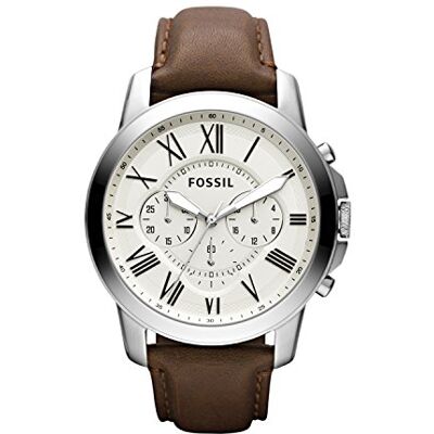 Fossil klocka för män Grant, kvarts kronogravrörelse, 44 mm silverfodral i rostfritt stål med äkta läderrem, FS4735 Fossil klocka för män Grant, kvarts kronogravrörelse, 44 mm silverfodral i rostfritt stål med äkta läderrem, FS4735