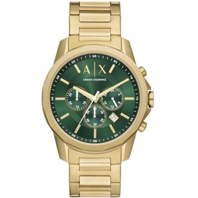 Giorgio Armani Guldtonsklocka för män, kvartskronografrörelse och 44 mm fodralstorlek med rostfritt stålband, Guldton och grönt Giorgio Armani Guldtonsklocka för män, kvartskronografrörelse och 44 mm fodralstorlek med rostfritt stålband, Guldton och grönt