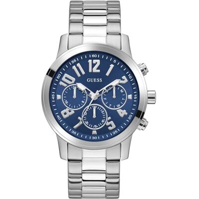 GUESS Parker herrklocka 44 mm rostfritt stål – kvarts analog armbandsur rostfritt stål armband silver, affärsklocka herrklocka blå med datum lysande visare, 5 bar GW1006G1 GUESS Parker herrklocka 44 mm rostfritt stål – kvarts analog armbandsur rostfritt stål armband silver, affärsklocka herrklocka blå med datum lysande visare, 5 bar GW1006G1
