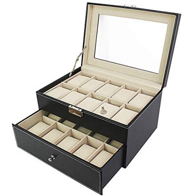 Todeco – Klockbox, klocka och armbandsförvaringsväska – storlek: 28,5 x 20,5 x 15 cm – lådmaterial: Glas – 20 klockor med låda och display, svart/beige Todeco – Klockbox, klocka och armbandsförvaringsväska – storlek: 28,5 x 20,5 x 15 cm – lådmaterial: Glas – 20 klockor med låda och display, svart/beige