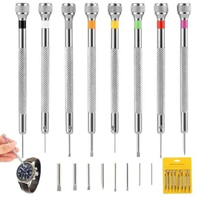 AiQInu Set med 8 precisionsskruvmejslar, klockreparationssats med borttagning, platta skruvmejslar för klockor, glasögon, telefoner och elektroniska reparationer AiQInu Set med 8 precisionsskruvmejslar, klockreparationssats med borttagning, platta skruvmejslar för klockor, glasögon, telefoner och elektroniska reparationer