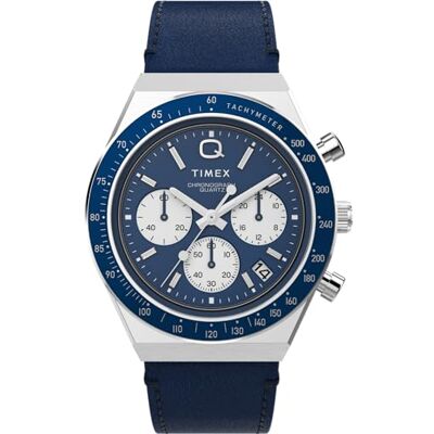 Timex Q Chronograph 40 mm herrklocka Blått snabbfrigörande läderarmband i två delar, blå urtavla, boett i rostfritt stål TW2W51700 Timex Q Chronograph 40 mm herrklocka Blått snabbfrigörande läderarmband i två delar, blå urtavla, boett i rostfritt stål TW2W51700
