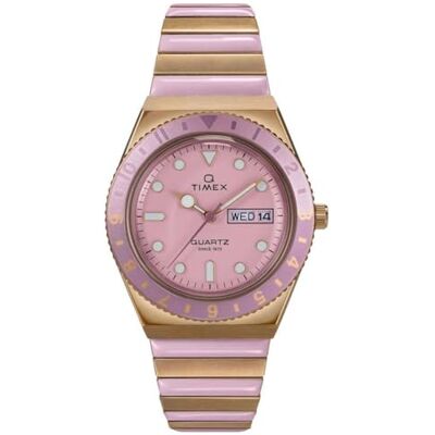 Timex damklocka Q, 36 mm, tvåfärgat expansionsband i rostfritt stål med rosa urtavla och boett i guldfärg, TW2W87600 Timex damklocka Q, 36 mm, tvåfärgat expansionsband i rostfritt stål med rosa urtavla och boett i guldfärg, TW2W87600