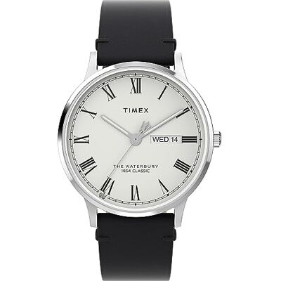 Timex Waterbury 40 mm herrklocka Svart snabbfrigörande läderarmband i två delar, vit urtavla, boett i rostfritt stål TW2W15000 Timex Waterbury 40 mm herrklocka Svart snabbfrigörande läderarmband i två delar, vit urtavla, boett i rostfritt stål TW2W15000