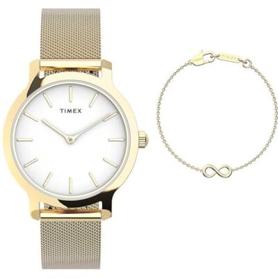Timex TWG067000 Transcend kvartsur på 31 mm för kvinnor – guldfärgat nätarmband i rostfritt stål med vit urtavla Timex TWG067000 Transcend kvartsur på 31 mm för kvinnor – guldfärgat nätarmband i rostfritt stål med vit urtavla