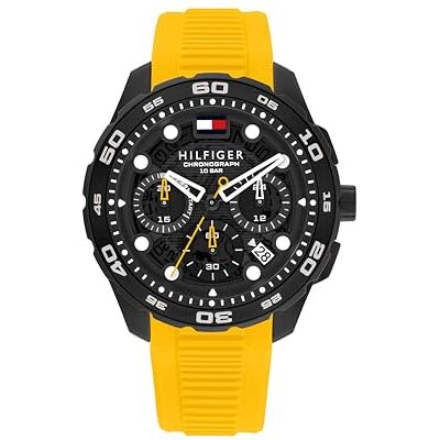 Tommy Hilfiger kronograf kvartsklocka med kalender för män med silikonarmband – finns i vitt, blått, svart, orange eller gult, GUL, Rem Tommy Hilfiger kronograf kvartsklocka med kalender för män med silikonarmband – finns i vitt, blått, svart, orange eller gult, GUL, Rem