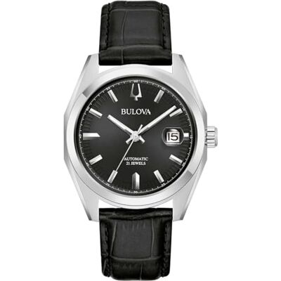 Bulova Surveyor Automatic armbandsur för män i svart färg med läderarmband, vattentät: 3 bar, husdiameter: 39 mm, 96B435 Bulova Surveyor Automatic armbandsur för män i svart färg med läderarmband, vattentät: 3 bar, husdiameter: 39 mm, 96B435