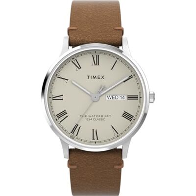 Timex Waterbury 40 mm herrklocka Brunt läderarmband, krämfärgad urtavla, boett i rostfritt stål TW2W50600 Timex Waterbury 40 mm herrklocka Brunt läderarmband, krämfärgad urtavla, boett i rostfritt stål TW2W50600