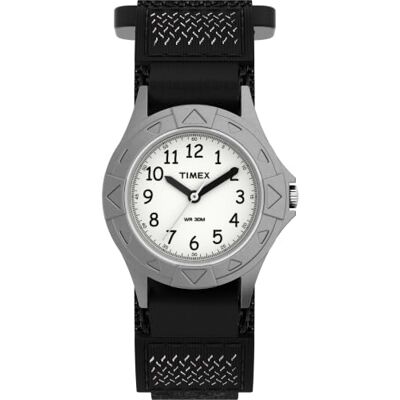 Timex Klocka på 28 mm för barn, boett i silverton med vit urtavla och svart tygrem, T79051 Timex Klocka på 28 mm för barn, boett i silverton med vit urtavla och svart tygrem, T79051