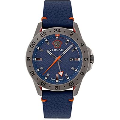 Versace Analog schweizisk kvartsklocka för män med läderrem VE2W0022, BLÅ, Sport Tech GMT Versace Analog schweizisk kvartsklocka för män med läderrem VE2W0022, BLÅ, Sport Tech GMT
