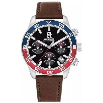 Tommy Hilfiger TH85 kronografklocka för män, svart och brun, 41 mm rostfritt stålfodral, 5 ATM vattentät, referens 1792166, metalliskt silver Tommy Hilfiger TH85 kronografklocka för män, svart och brun, 41 mm rostfritt stålfodral, 5 ATM vattentät, referens 1792166, metalliskt silver