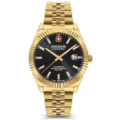 Swiss Military Hanowa män analog schweizisk automatisk rörelse klocka med rostfritt stål armband SMWGL0002110, Guld-svart, En storlek, Armband Swiss Military Hanowa män analog schweizisk automatisk rörelse klocka med rostfritt stål armband SMWGL0002110, Guld-svart, En storlek, Armband