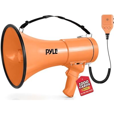 Pyle 50W Megaphone Bullhorn Portable, Automatic Siren & Adjustable Volume,Projection Range Up to 1200 Square Yards, Aux Input, Talk, Siren, Music, Whistle, & Record, Shoulder Strap (Orange) Pyle 50W Megaphone Bullhorn Portable, Automatic Siren & Adjustable Volume,Projection Range Up to 1200 Square Yards, Aux Input, Talk, Siren, Music, Whistle, & Record, Shoulder Strap (Orange)