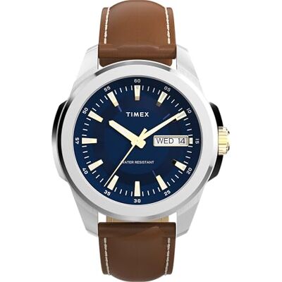 Timex TW2Y20600 Essex Day and Date Kvartsur på 45 mm för män – svart läderarmband med svart urtavla och silverfärgad boett Timex TW2Y20600 Essex Day and Date Kvartsur på 45 mm för män – svart läderarmband med svart urtavla och silverfärgad boett