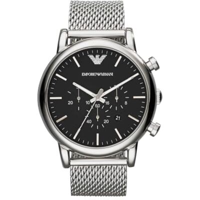 Giorgio Armani Klocka för män, kvarts kronografrörelse och 46 mm boettstorlek med armband i rostfritt stål Giorgio Armani Klocka för män, kvarts kronografrörelse och 46 mm boettstorlek med armband i rostfritt stål