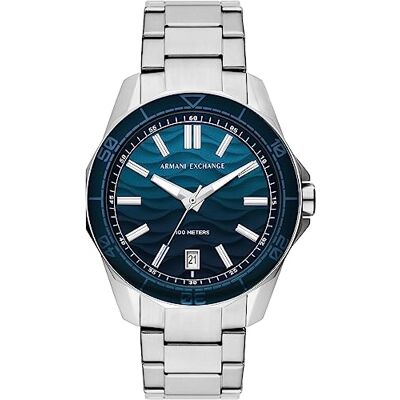 Giorgio Armani Watch For Men, Quartz Three hand date Movement och 44 mm boettstorlek med rostfritt stål eller silikonrem, Silverton och aquablått Giorgio Armani Watch For Men, Quartz Three hand date Movement och 44 mm boettstorlek med rostfritt stål eller silikonrem, Silverton och aquablått