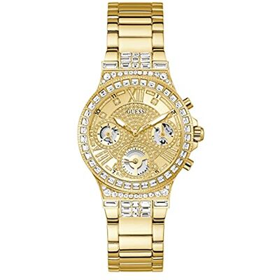 GUESS Damer sport multifunktion glitter med kristaller 36 mm klocka – rosa urtavla roséguld ton rostfritt stål fodral & armband, Guldton/guldton/champagne, En storlek, Månsken GUESS Damer sport multifunktion glitter med kristaller 36 mm klocka – rosa urtavla roséguld ton rostfritt stål fodral & armband, Guldton/guldton/champagne, En storlek, Månsken