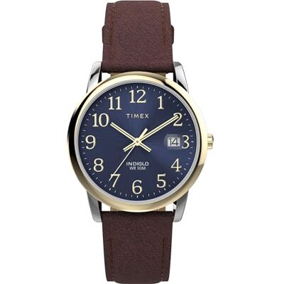 Timex Easy Reader Klocka på 35 mm för män, brunt läderarmband, blå urtavla, boett i silverton Timex Easy Reader Klocka på 35 mm för män, brunt läderarmband, blå urtavla, boett i silverton