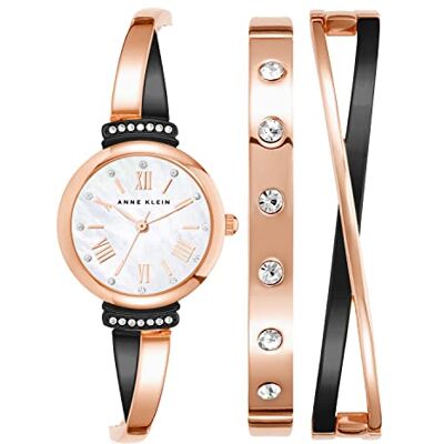 Anne Klein set med förstklassigt kristallaccentuerat armband och klocka för kvinnor, Roséguld/metallisk grå Anne Klein set med förstklassigt kristallaccentuerat armband och klocka för kvinnor, Roséguld/metallisk grå