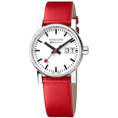 Mondaine Damer analog schweizisk kvartsurverk klocka med vegansk druvläder armband MSE.30210.LCV, röd, Rem Mondaine Damer analog schweizisk kvartsurverk klocka med vegansk druvläder armband MSE.30210.LCV, röd, Rem