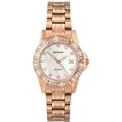 Sekonda Sienna damer 28 mm sten set bezel klänning klocka 50 m vattentålig med datumfönster, Roséguld/vit, Roséguld pläterat armband Sekonda Sienna damer 28 mm sten set bezel klänning klocka 50 m vattentålig med datumfönster, Roséguld/vit, Roséguld pläterat armband