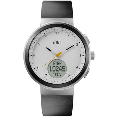 Braun analog kvartsklocka med digital display med kalender och stegräkning, svart silikongummirem, 45 mm rostfritt stålfodral, modell BN0299PWHBKG, Vitt, armband Braun analog kvartsklocka med digital display med kalender och stegräkning, svart silikongummirem, 45 mm rostfritt stålfodral, modell BN0299PWHBKG, Vitt, armband