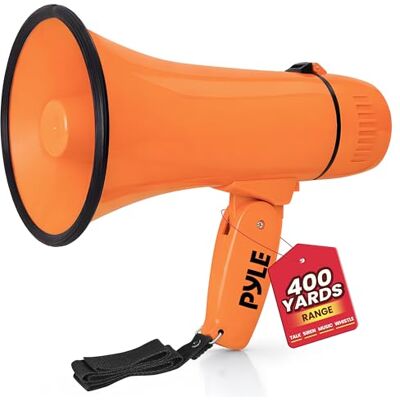 Pyle 20W Megaphone Bullhorn Portable, Automatic Siren & Adjustable Volume,Projection Range Up to 400 Square Yards, Aux Input, Talk, Siren, Music, Whistle, & Record, Shoulder Strap (Orange) Pyle 20W Megaphone Bullhorn Portable, Automatic Siren & Adjustable Volume,Projection Range Up to 400 Square Yards, Aux Input, Talk, Siren, Music, Whistle, & Record, Shoulder Strap (Orange)