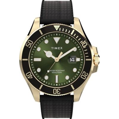 Timex Trend 43 mm herrklocka Svart syntetiskt tvådelat gummiarmband, snabbfrigörande rem, grön urtavla, silverfärgad boett TW2V91700 Timex Trend 43 mm herrklocka Svart syntetiskt tvådelat gummiarmband, snabbfrigörande rem, grön urtavla, silverfärgad boett TW2V91700