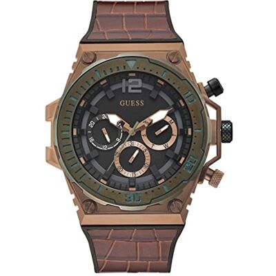 GUESS 46 mm multifunktionell klocka i rostfritt stål, Brun/kaffe, armband GUESS 46 mm multifunktionell klocka i rostfritt stål, Brun/kaffe, armband