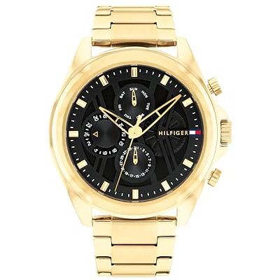 Tommy Hilfiger Multifunktionell analog kvartsklocka för män med armband i rostfritt stål eller läder, svart, One Size, armband Tommy Hilfiger Multifunktionell analog kvartsklocka för män med armband i rostfritt stål eller läder, svart, One Size, armband