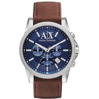 Giorgio Armani klocka för män, kvarts kronogravrörelse, 45 mm silver rostfritt stålfodral med läderrem, AX2501 Giorgio Armani klocka för män, kvarts kronogravrörelse, 45 mm silver rostfritt stålfodral med läderrem, AX2501