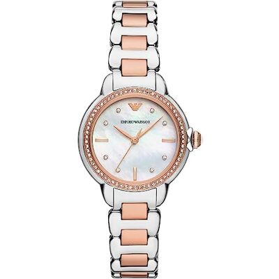 Giorgio Armani klocka för kvinnor, 32 mm silverfärgad kvarts trehandsrörelse och armband i rostfritt stål Giorgio Armani klocka för kvinnor, 32 mm silverfärgad kvarts trehandsrörelse och armband i rostfritt stål