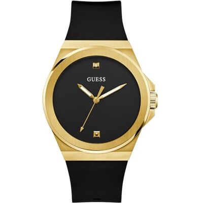 GUESS BR GLD CS W/BR GLD TR/SUN BLK DMND DL/BLK SMTH SILIKONSTRP, Svart GUESS BR GLD CS W/BR GLD TR/SUN BLK DMND DL/BLK SMTH SILIKONSTRP, Svart