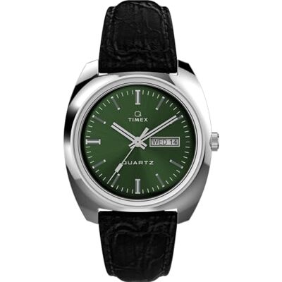 Timex Q 37,5 mm herrklocka Svart snabbfrigörande läderarmband i två delar, grön urtavla, boett i rostfritt stål TW2W44700 Timex Q 37,5 mm herrklocka Svart snabbfrigörande läderarmband i två delar, grön urtavla, boett i rostfritt stål TW2W44700
