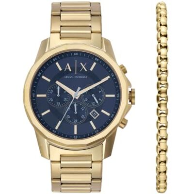 Giorgio Armani Guldtonsklocka för män, kvartskronografrörelse och 44 mm fodralstorlek med rostfritt stålband, Guldfärgad uppsättning Giorgio Armani Guldtonsklocka för män, kvartskronografrörelse och 44 mm fodralstorlek med rostfritt stålband, Guldfärgad uppsättning