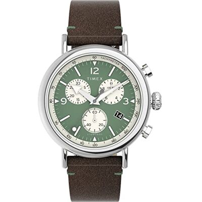Timex Waterbury Chronograph 41 mm herrklocka Brunt snabbfrigörande läderarmband i två delar, grön urtavla, silverfärgad boett TW2V71000 Timex Waterbury Chronograph 41 mm herrklocka Brunt snabbfrigörande läderarmband i två delar, grön urtavla, silverfärgad boett TW2V71000