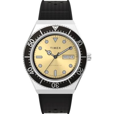 Timex Q Automatic 40 mm herrklocka Syntetiskt gummiarmband i rostfritt stål, champagne-urtavla, boett i rostfritt stål TW2W47600 Timex Q Automatic 40 mm herrklocka Syntetiskt gummiarmband i rostfritt stål, champagne-urtavla, boett i rostfritt stål TW2W47600