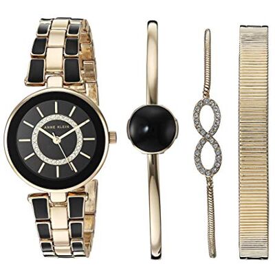 Anne Klein set med förstklassig kristallaccentuerad klocka och armband, AK/3286, Guld/svart Anne Klein set med förstklassig kristallaccentuerad klocka och armband, AK/3286, Guld/svart