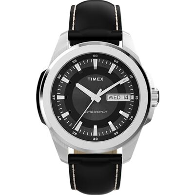 Timex TW2Y20600 Essex Day and Date Kvartsur på 45 mm för män – svart läderarmband med svart urtavla och silverfärgad boett Timex TW2Y20600 Essex Day and Date Kvartsur på 45 mm för män – svart läderarmband med svart urtavla och silverfärgad boett