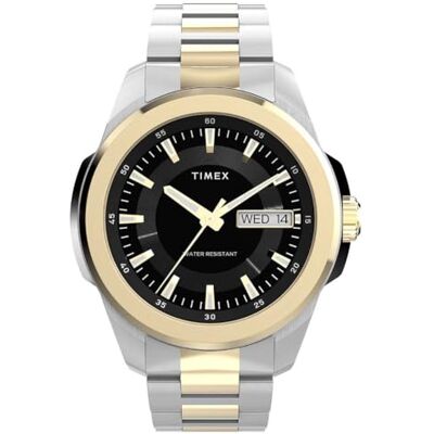 Timex TW2Y20600 Essex Day and Date Kvartsur på 45 mm för män – svart läderarmband med svart urtavla och silverfärgad boett Timex TW2Y20600 Essex Day and Date Kvartsur på 45 mm för män – svart läderarmband med svart urtavla och silverfärgad boett