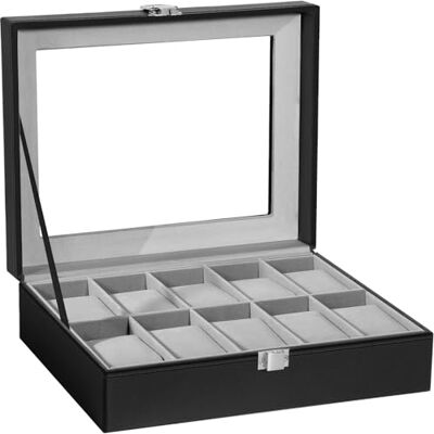 Uten Watch Box 10 fack, klockfodral med glaslock, klockdisplay förvaringslåda för män och kvinnor, avtagbara klockkuddar, metalllås, svart syntetiskt läder, grått sammetsfoder, presentidé Uten Watch Box 10 fack, klockfodral med glaslock, klockdisplay förvaringslåda för män och kvinnor, avtagbara klockkuddar, metalllås, svart syntetiskt läder, grått sammetsfoder, presentidé