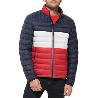 Tommy Hilfiger herr Ultra Loft packbar pufferjacka ner alternativ rock, Midnatt/is/röd färgblock, XL tall Tommy Hilfiger herr Ultra Loft packbar pufferjacka ner alternativ rock, Midnatt/is/röd färgblock, XL tall