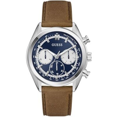 GUESS Dawson armbandsur för män med datumvisning, brunt läderarmband, mineralglas, blå urtavla, 5 bar, boettdiameter: 44 mm, GW0972G1 GUESS Dawson armbandsur för män med datumvisning, brunt läderarmband, mineralglas, blå urtavla, 5 bar, boettdiameter: 44 mm, GW0972G1