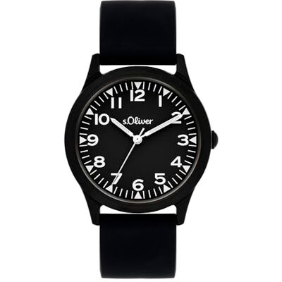 s.Oliver barnklocka – rund – svart – 35 mm – klocka av metall med kvartsurverk på silikonband med stiftspänne – analog armbandsur – 3 atm vattentät – reptålig s.Oliver barnklocka – rund – svart – 35 mm – klocka av metall med kvartsurverk på silikonband med stiftspänne – analog armbandsur – 3 atm vattentät – reptålig