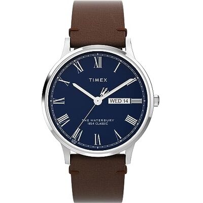 Timex Waterbury 40 mm herrklocka Brunt snabbfrigörande läderarmband i två delar, blå urtavla, boett i rostfritt stål TW2W14900 Timex Waterbury 40 mm herrklocka Brunt snabbfrigörande läderarmband i två delar, blå urtavla, boett i rostfritt stål TW2W14900