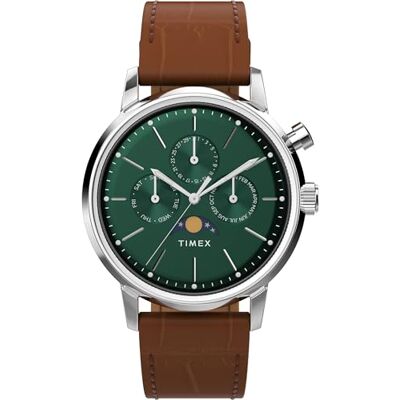 Timex Marlin 40 mm herrklocka Brunt snabbfrigörande läderarmband i två delar, grön urtavla, boett i rostfritt stål TW2W51000 Timex Marlin 40 mm herrklocka Brunt snabbfrigörande läderarmband i två delar, grön urtavla, boett i rostfritt stål TW2W51000