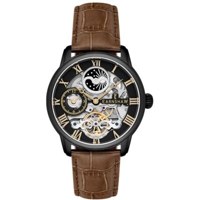 Thomas Earnshaw Herrklocka 44 mm longitud dubbel tid automatisk skelettklocka med 12 timmar dubbel tid, sol och måne display och dekorerad rotor, Brun, En storlek, ES-8006-10 Thomas Earnshaw Herrklocka 44 mm longitud dubbel tid automatisk skelettklocka med 12 timmar dubbel tid, sol och måne display och dekorerad rotor, Brun, En storlek, ES-8006-10