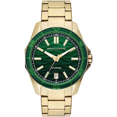 Giorgio Armani Watch For Men, Quartz Three hand date Movement och 44 mm boettstorlek med rostfritt stål eller silikonrem, Guldton och grönt Giorgio Armani Watch For Men, Quartz Three hand date Movement och 44 mm boettstorlek med rostfritt stål eller silikonrem, Guldton och grönt