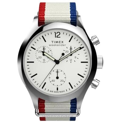Timex TW2Y15800 Weekender New England kronograf på 40 mm för män – grå miljövänlig tygrem med vit urtavla Timex TW2Y15800 Weekender New England kronograf på 40 mm för män – grå miljövänlig tygrem med vit urtavla